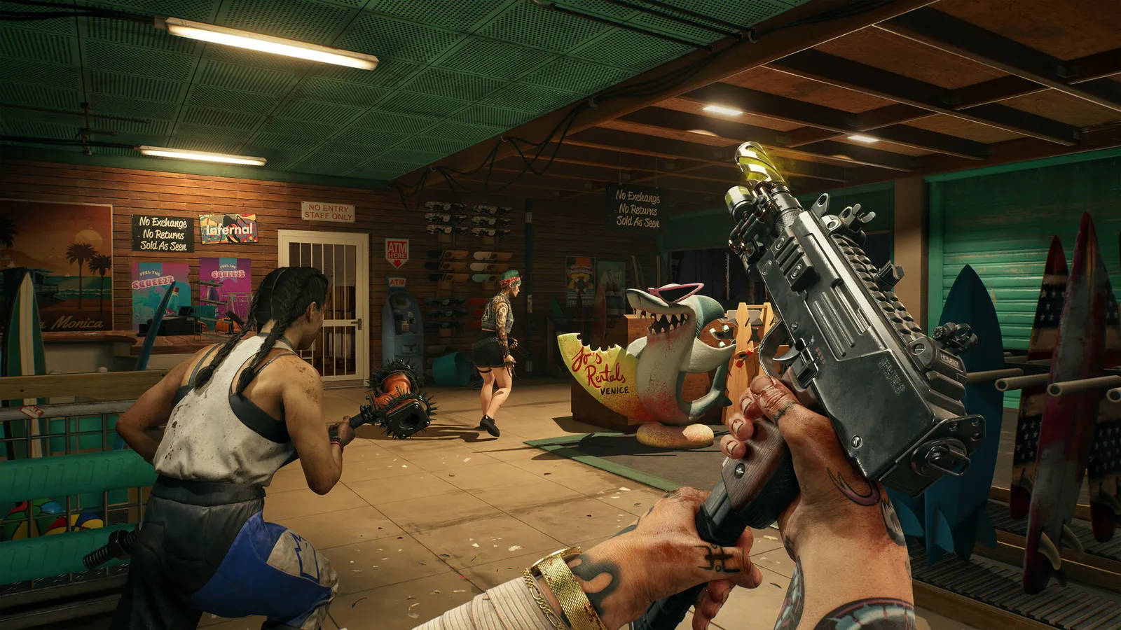 Dead Island 2 gameplay screenshot of melee combat against a zombie horde