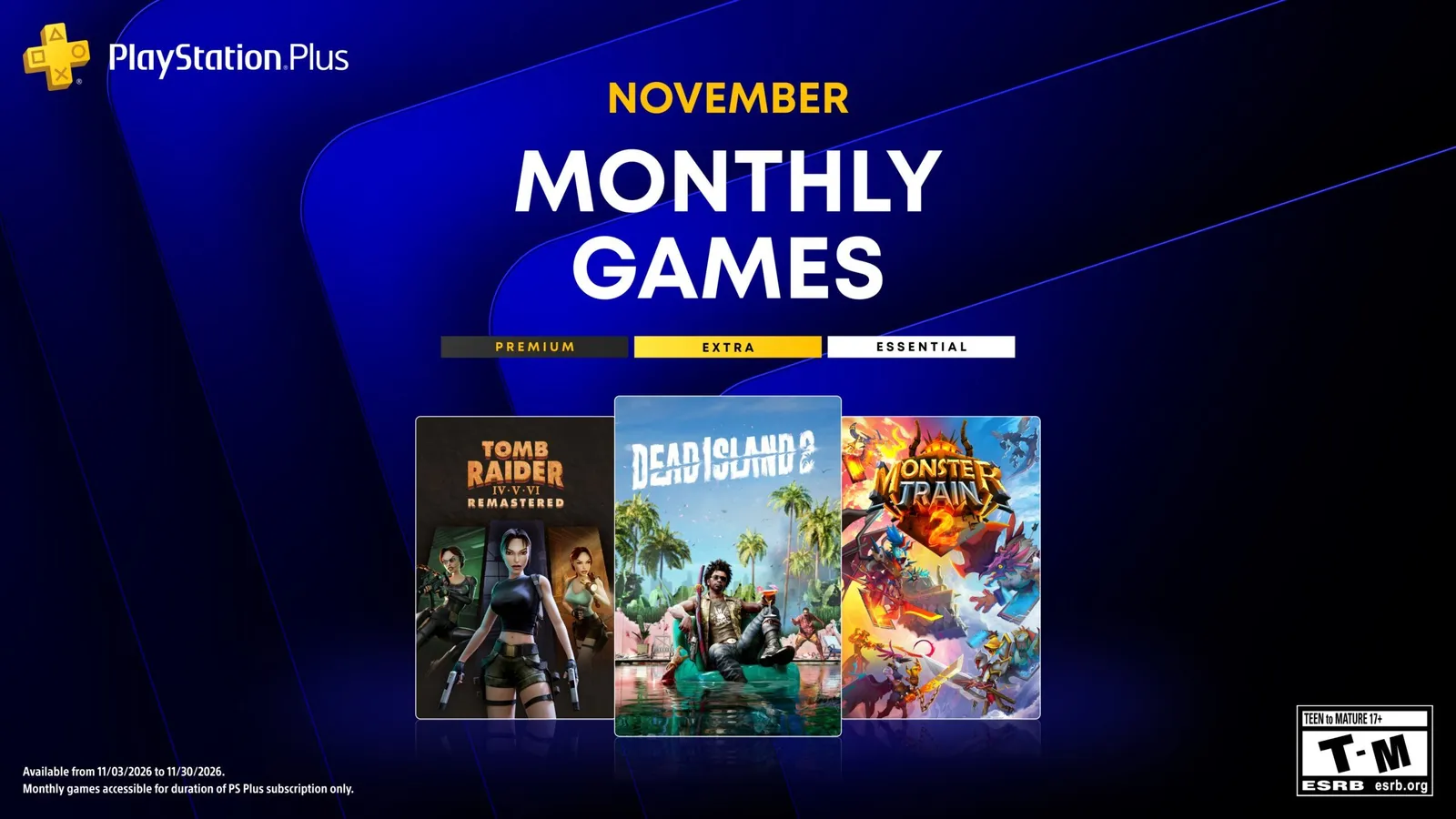 PlayStation Plus Monthly Games for November key art featuring Dead Island 2, Tomb Raider IV-VI Remastered and Monster Train 2