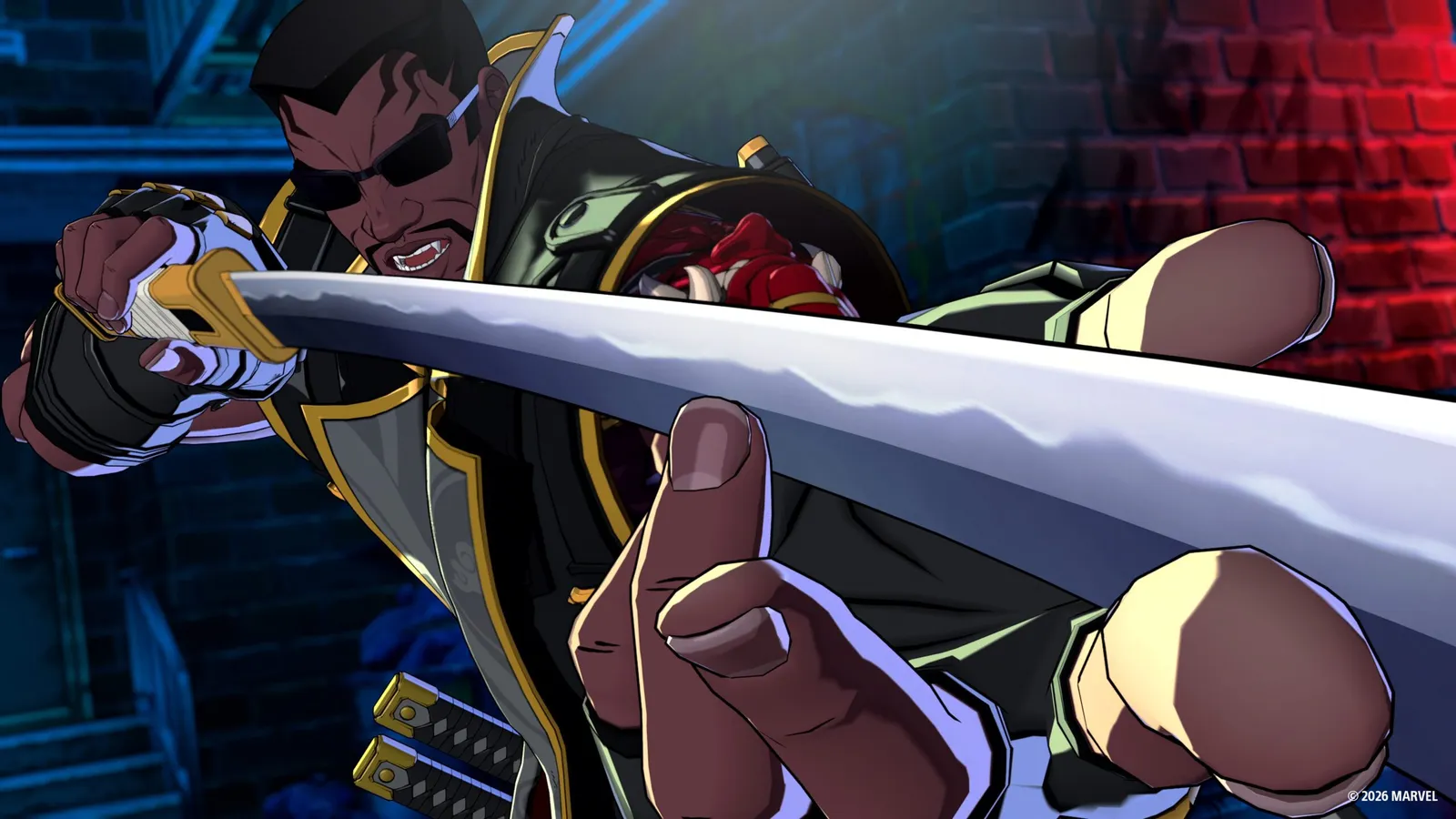 Official PlayStation Blog character screenshot of Blade in action from MARVEL Tokon Fighting Souls, showing the day-one playable roster fighter mid-combo