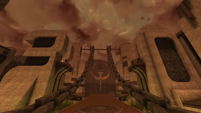 A massive stone gate at the entrance to the Dawn of the Machine episode, the two halves forming the number 30 for Quake's 30th anniversary.