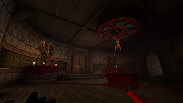 An ominous chamber in Dawn of the Machine lined with skull-adorned fixtures, with a character hanging upside down from the ceiling.