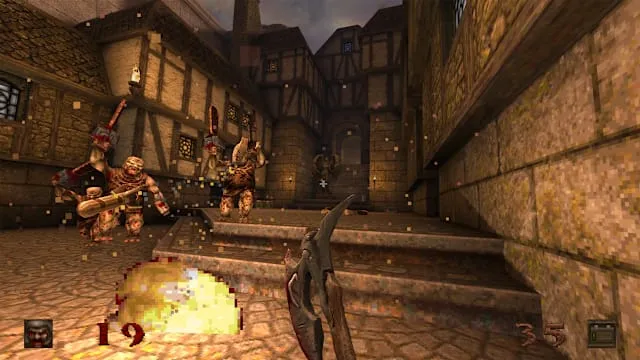 First-person view of the Super Axe weapon in action against a Rocket Ogre in Dawn of the Machine, lightning crackling from each strike.