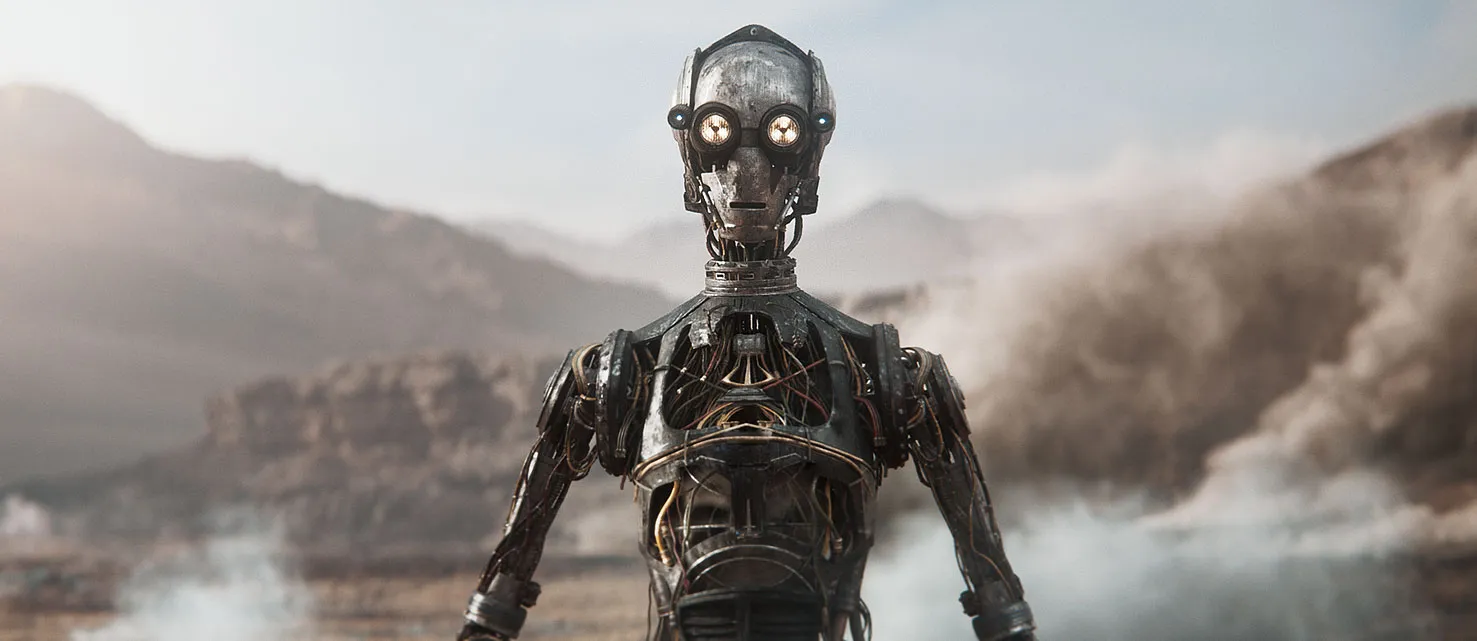 A weathered droid stares across a desolate alien environment in Star Wars Eclipse.