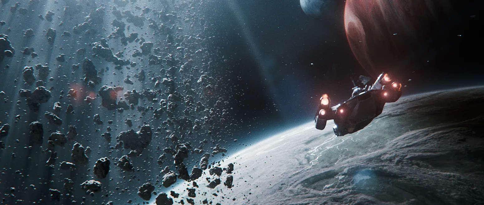A starship dives toward a planet in distress, smoke trailing from its hull above the Outer Rim in Star Wars Eclipse.