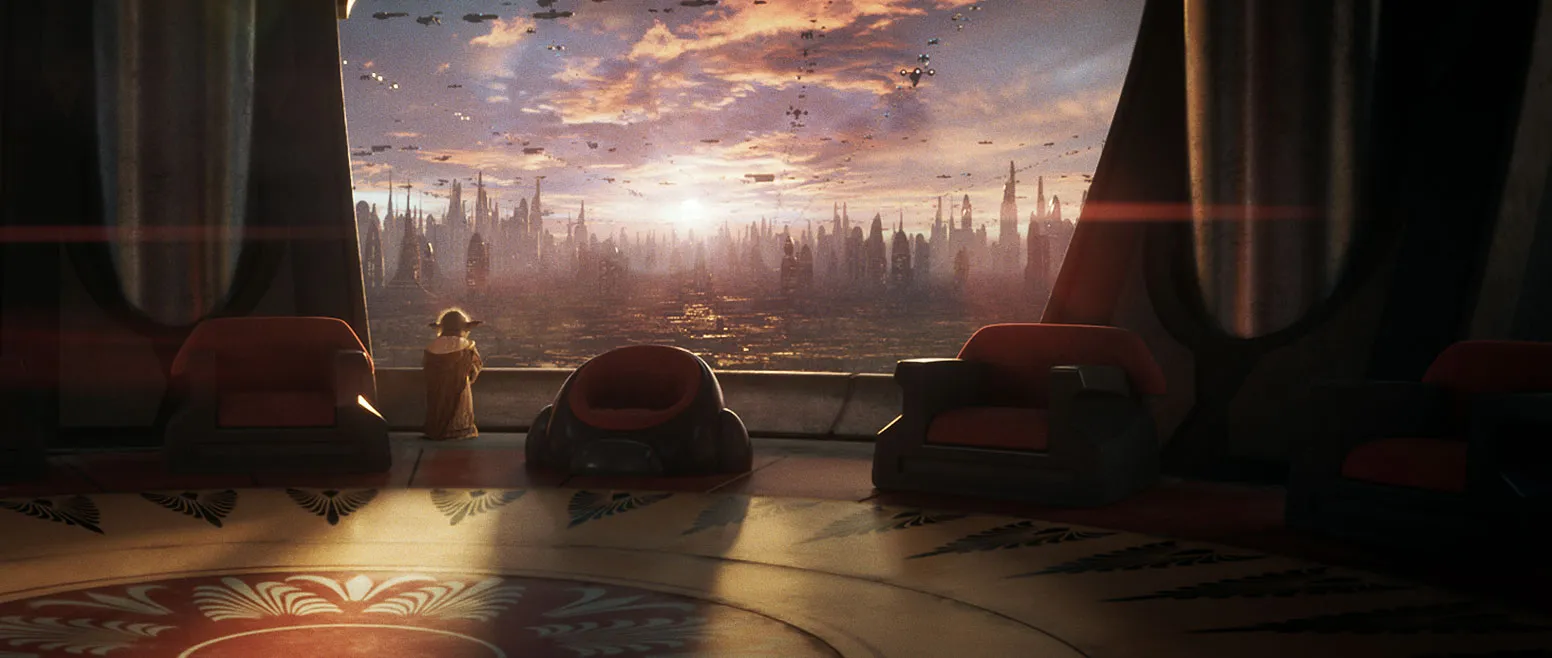 Yoda stands alone in an empty Jedi Council room on Coruscant, looking out a window at city lights in Star Wars Eclipse.