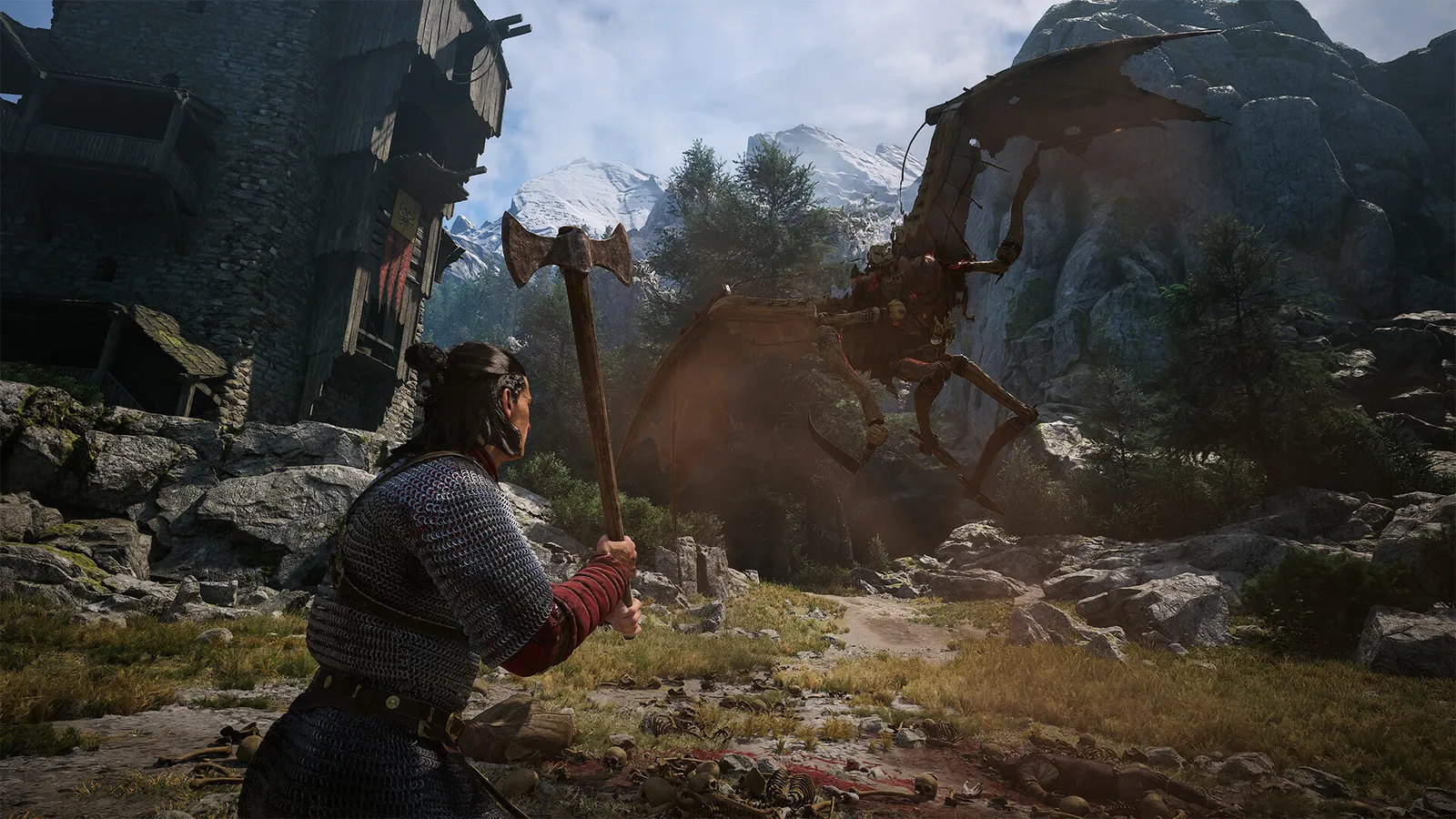 The Blood of Dawnwalker screenshot showing Coen overlooking a 14th century European valley at dusk
