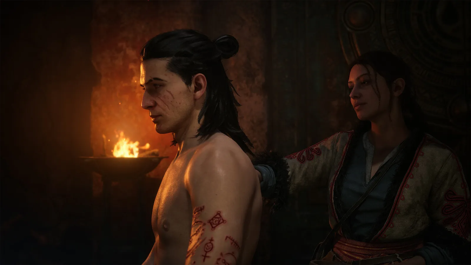 The Blood of Dawnwalker combat scene with the half vampire protagonist mid swing in a torchlit hall