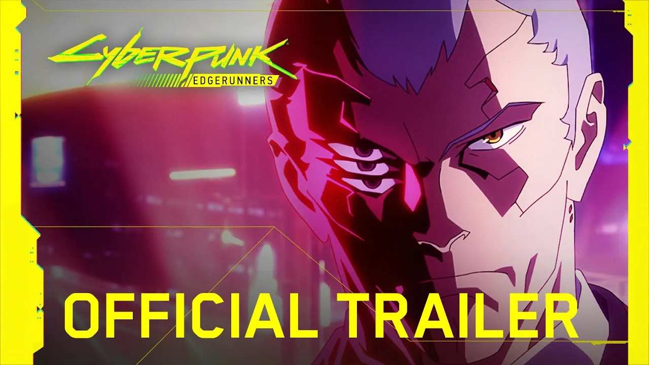 Official Cyberpunk Edgerunners trailer still showing David and the crew in Night City