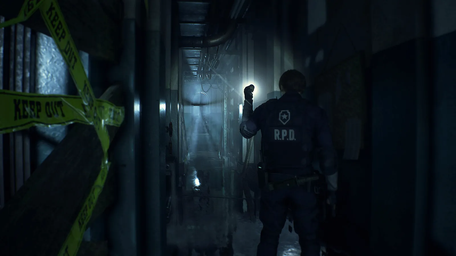 Mr. X in a long black coat stalking Leon in the dimly lit RPD hallway in Resident Evil 2 remake