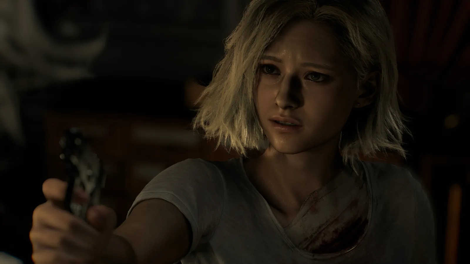 Resident Evil Requiem screenshot of Grace holding a flashlight in a dimly lit corridor