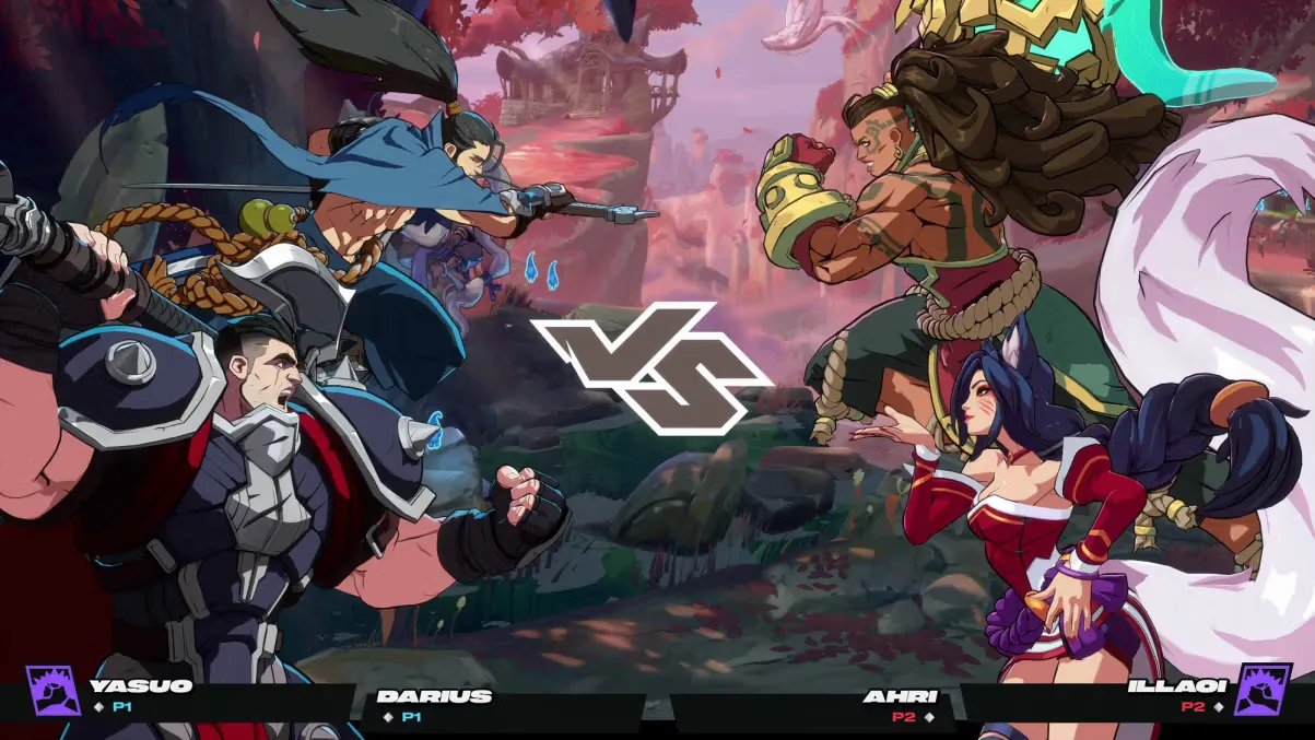 2XKO character select screen featuring Yasuo Darius Ahri and Illaoi in versus match layout