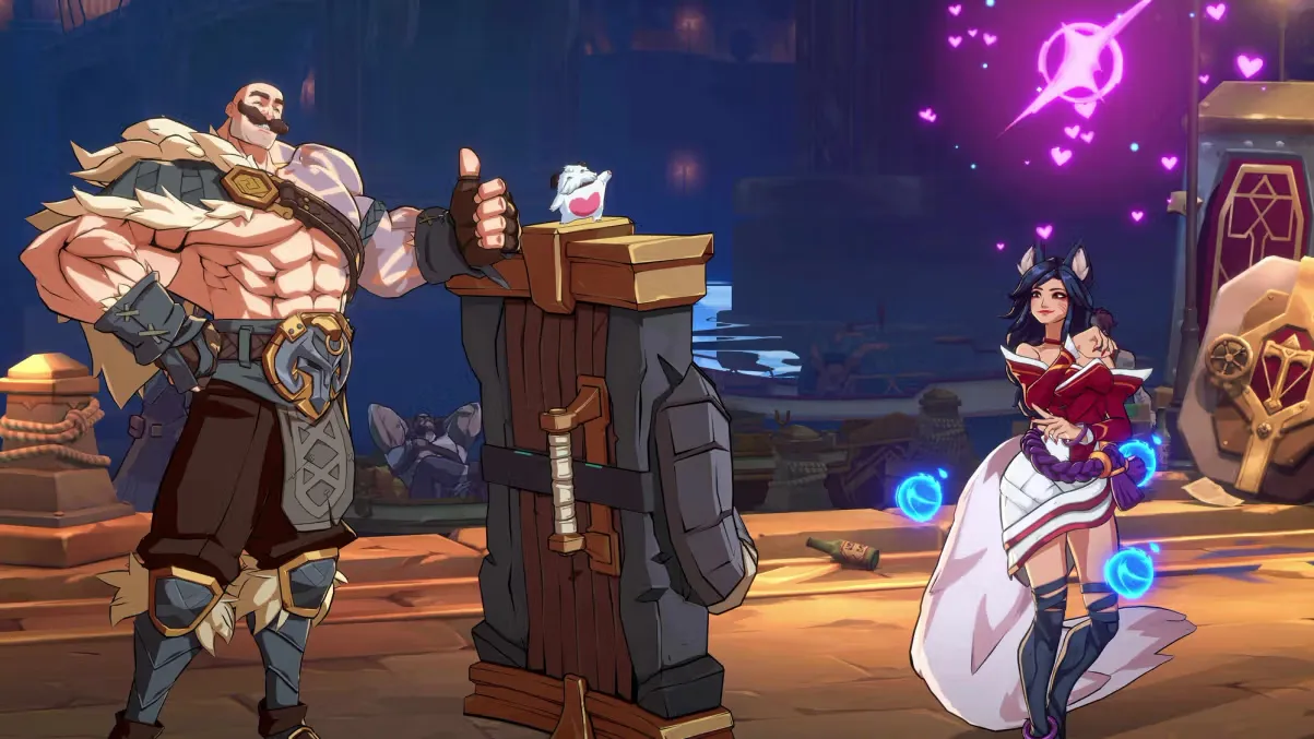 2XKO in-game screenshot of a tag team match with two League champions on the left side and two on the right