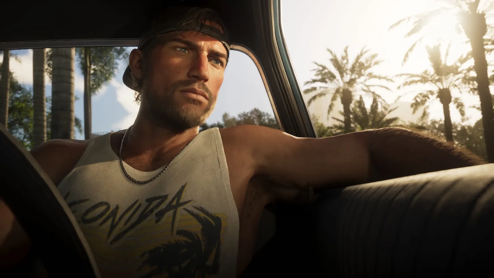 Official Rockstar screenshot of GTA VI protagonist Jason Duval in Vice City.