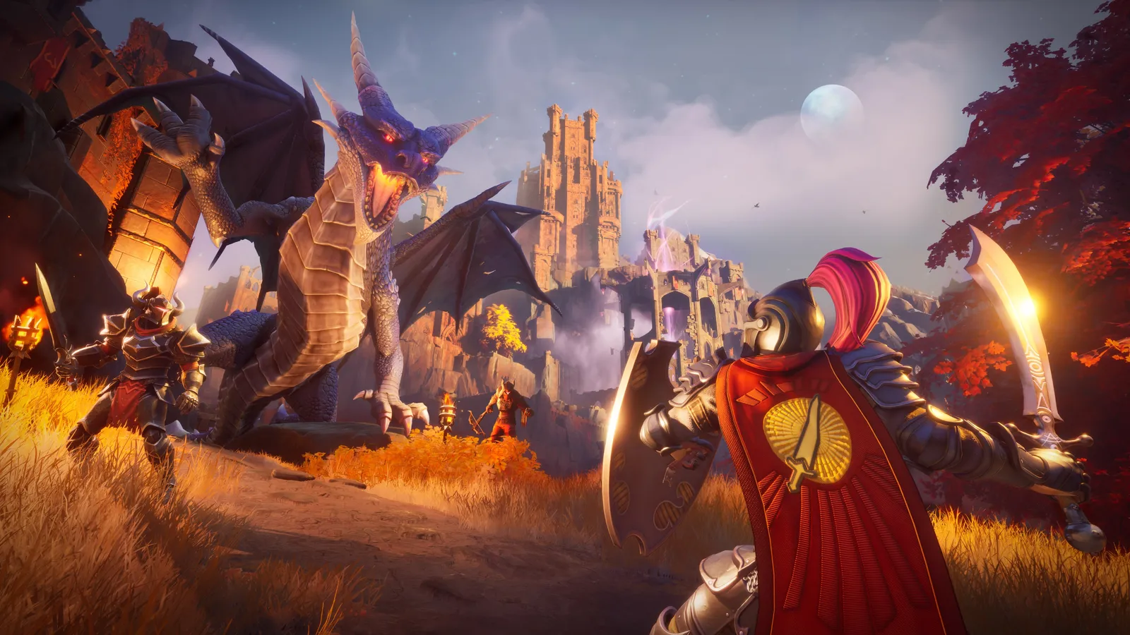 RuneScape Dragonwilds gameplay showing a player character battling creatures on the continent of Ashenfall with dragons looming in the background