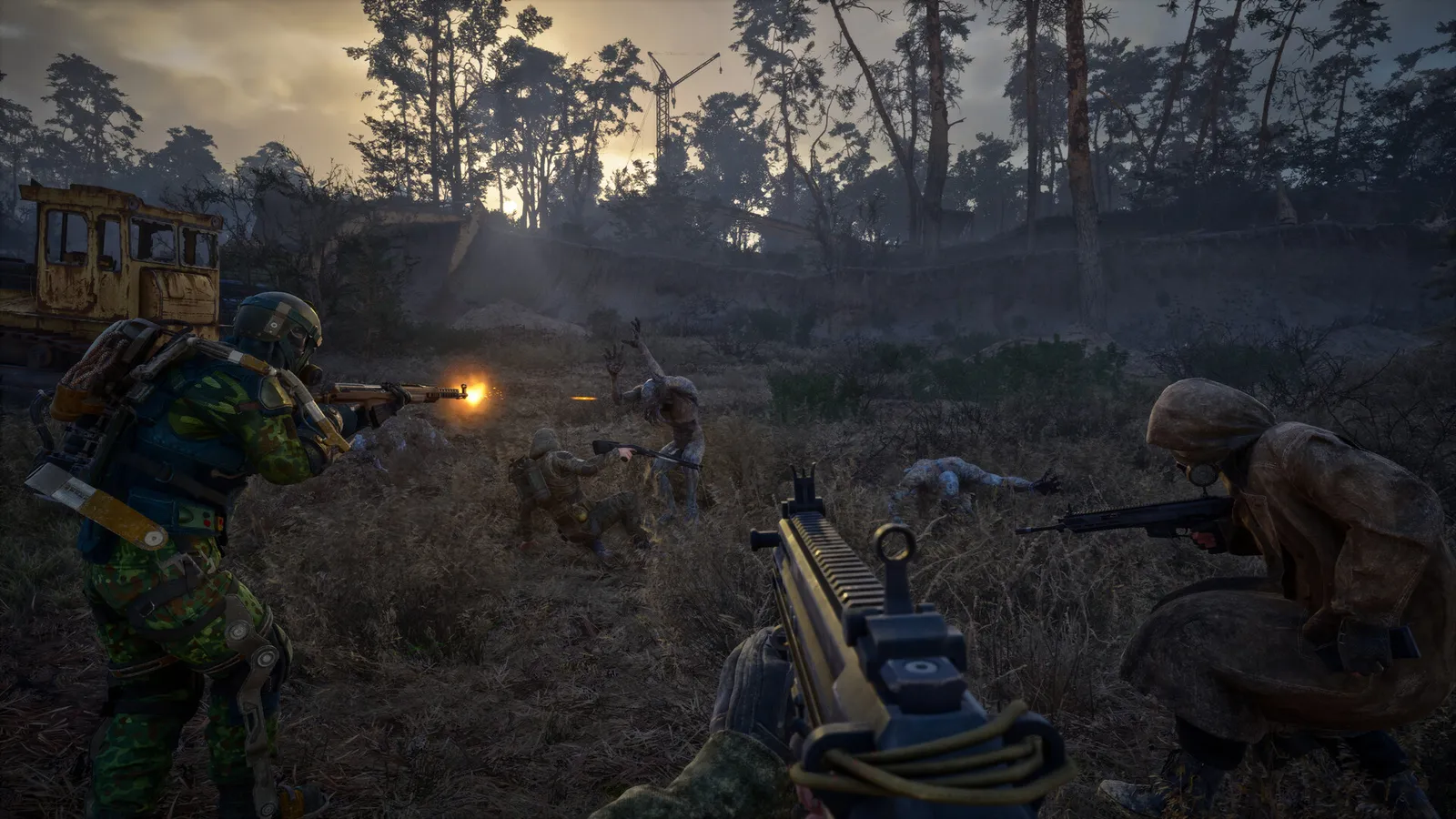 Combat scene from the rebuilt A-Life system with hostile NPCs engaging the player near a campfire.