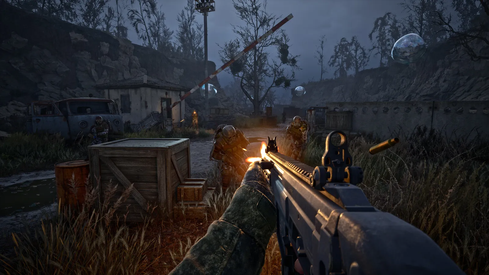 Official Steam screenshot showing a stalker surveying the fog-filled landscape of the Zone after the Update 2.0 overhaul.