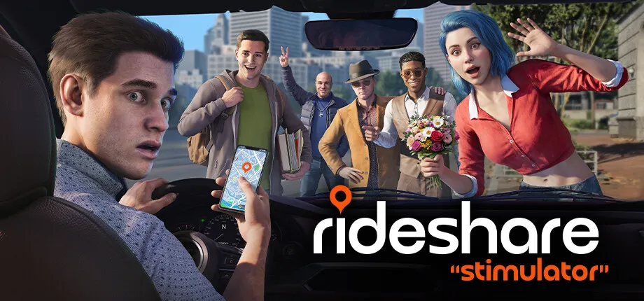 Official Steam header capsule for Rideshare Stimulator showing the Saber Interactive and UNIGINE credits