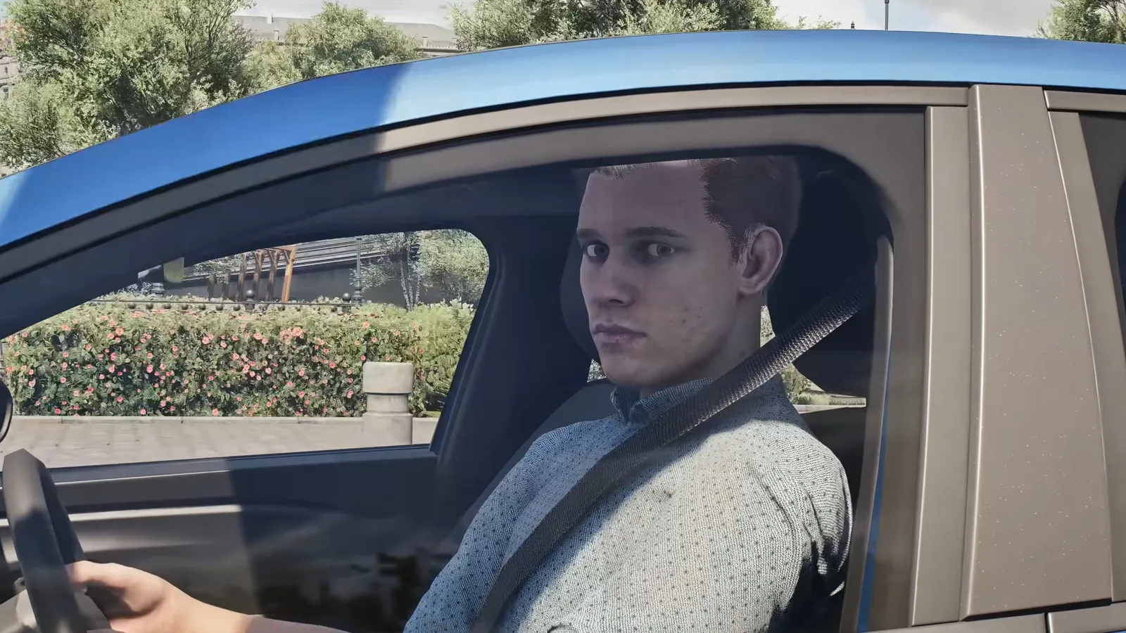 Trailer still from Saber Interactive's Rideshare Stimulator showing a passenger staring out a car window at night