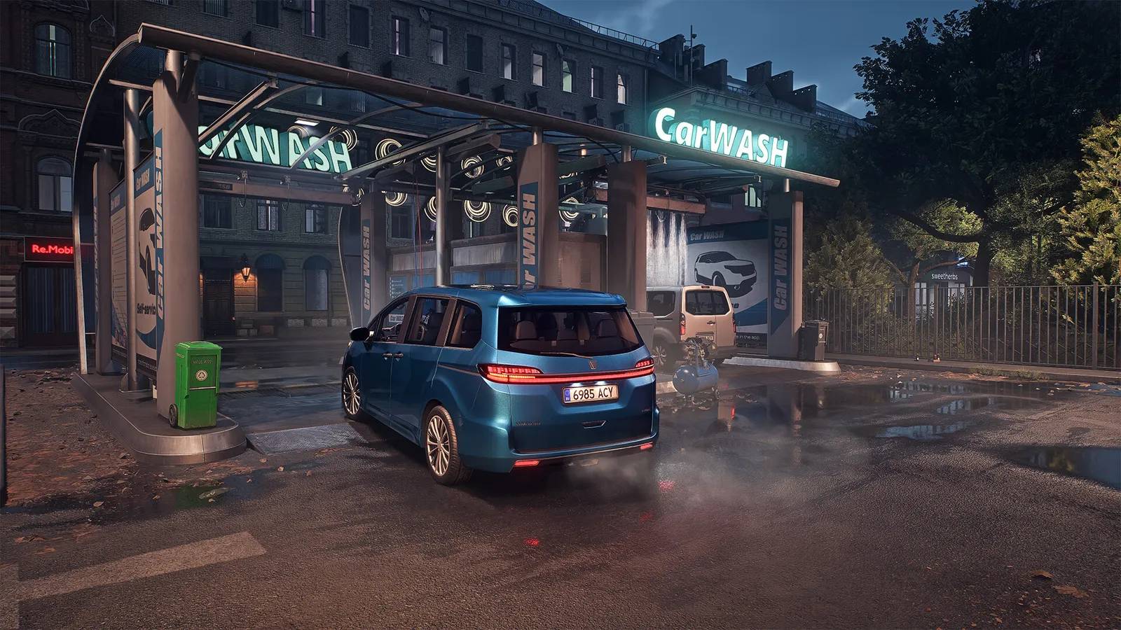 Official Rideshare Stimulator screenshot of a vehicle dashboard and city road.