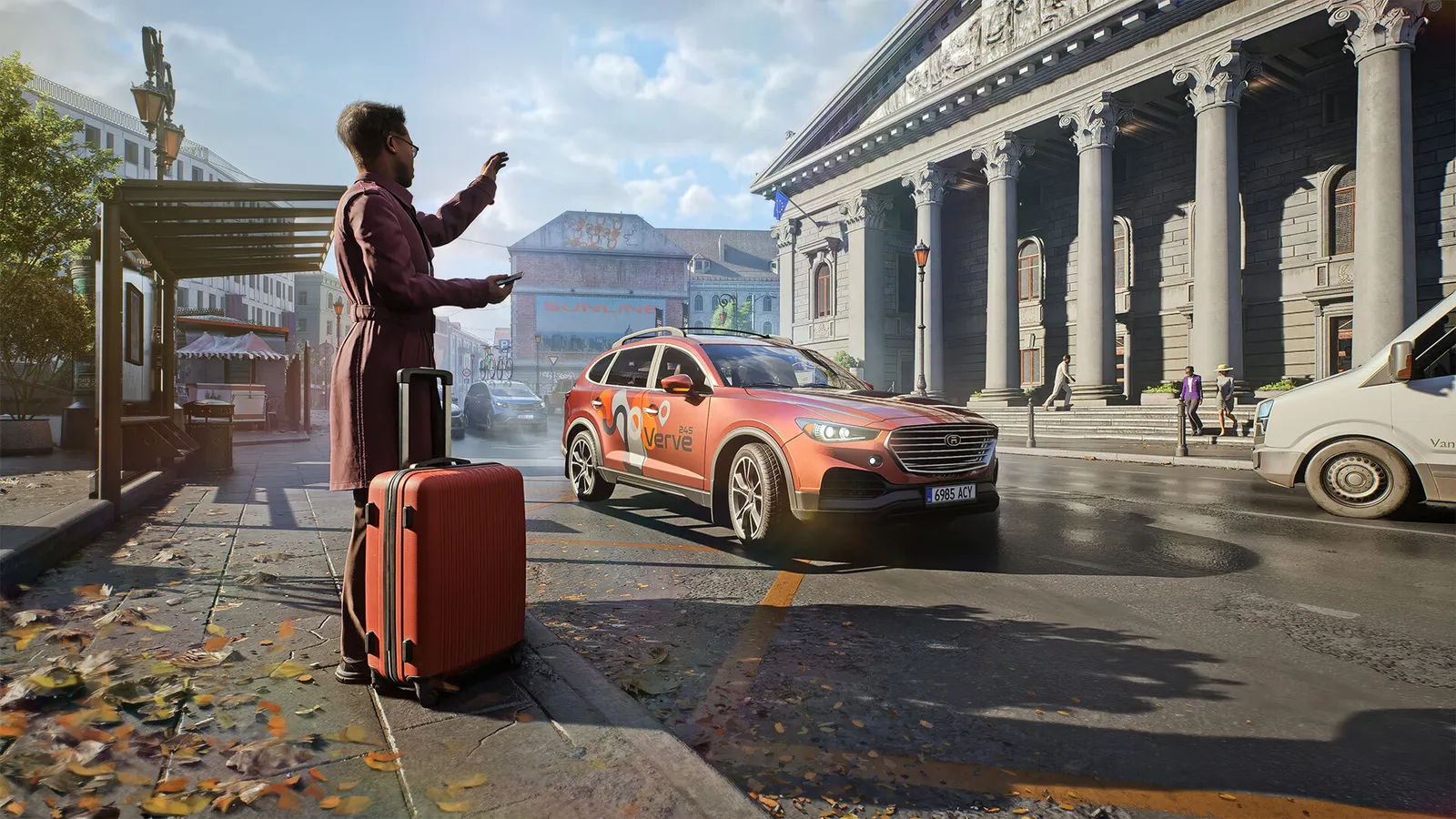 Official Rideshare Stimulator screenshot of a passenger pickup scene on a city street.