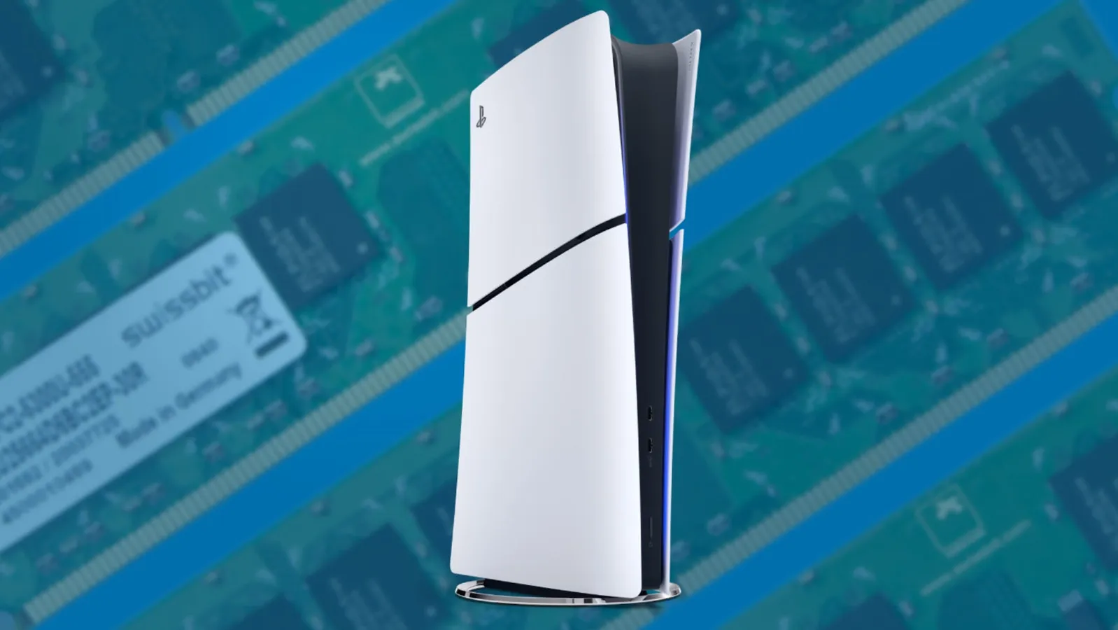 A PlayStation 5 console resting next to strips of RAM modules on a blue background
