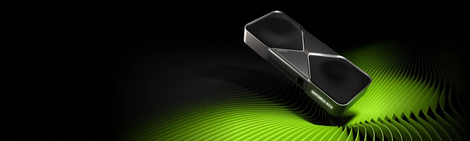 A press render of an Nvidia GeForce RTX 5090 Founders Edition graphics card on a dark background