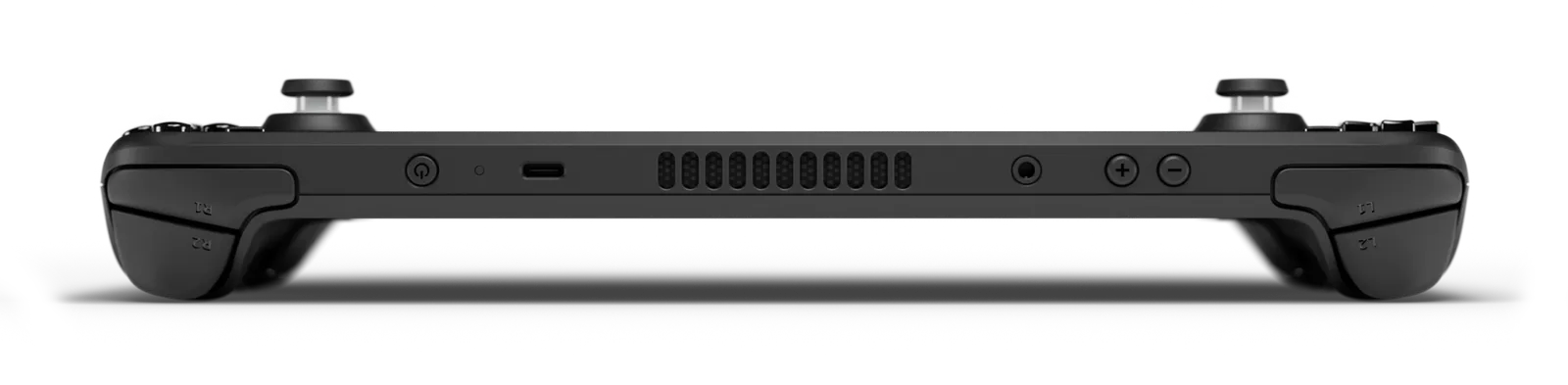 A Steam Deck OLED handheld with attached controllers in white finish