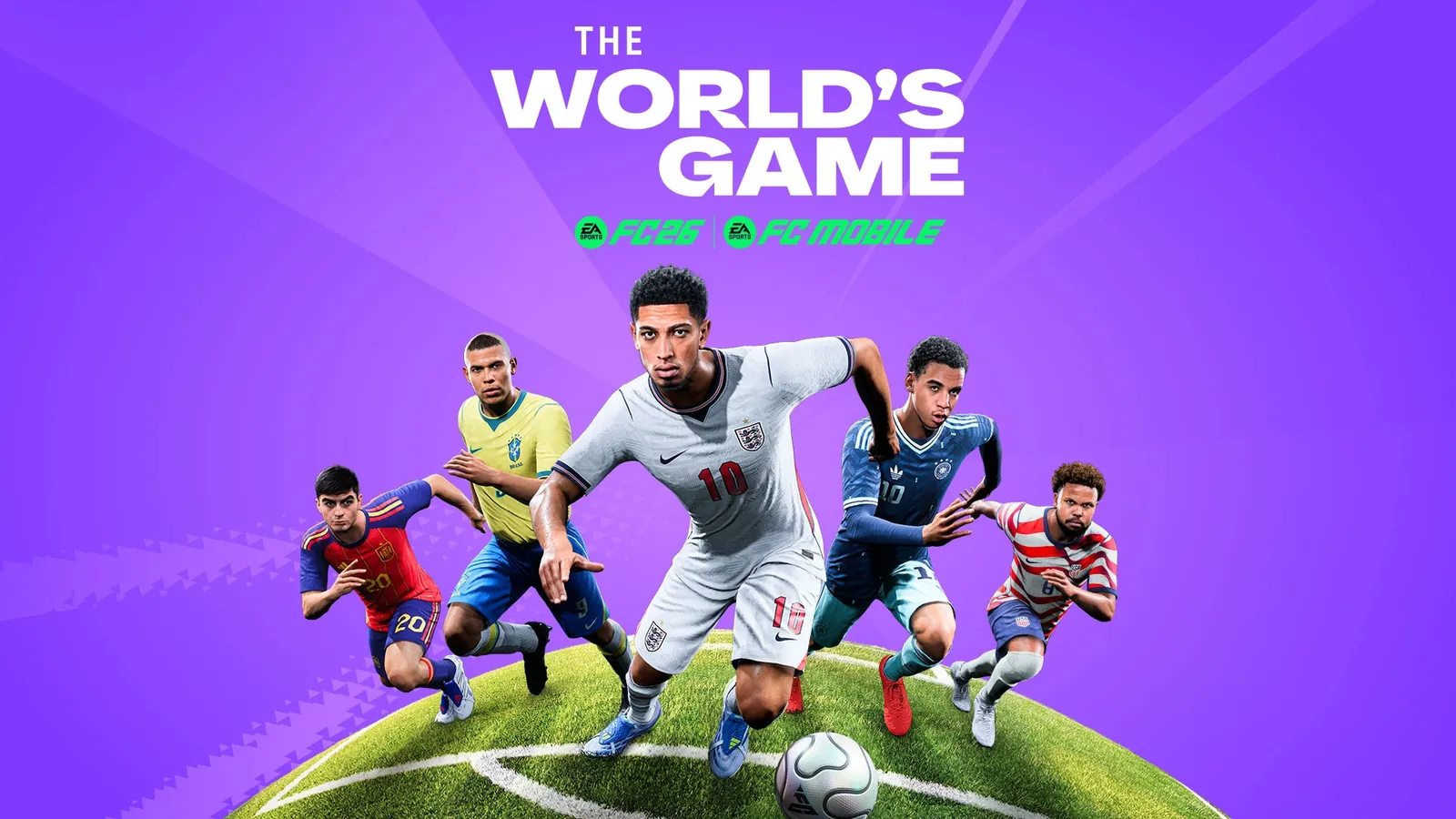 EA Sports FC promotional artwork featuring footballers representing England, Brazil, Germany, Spain and the USA