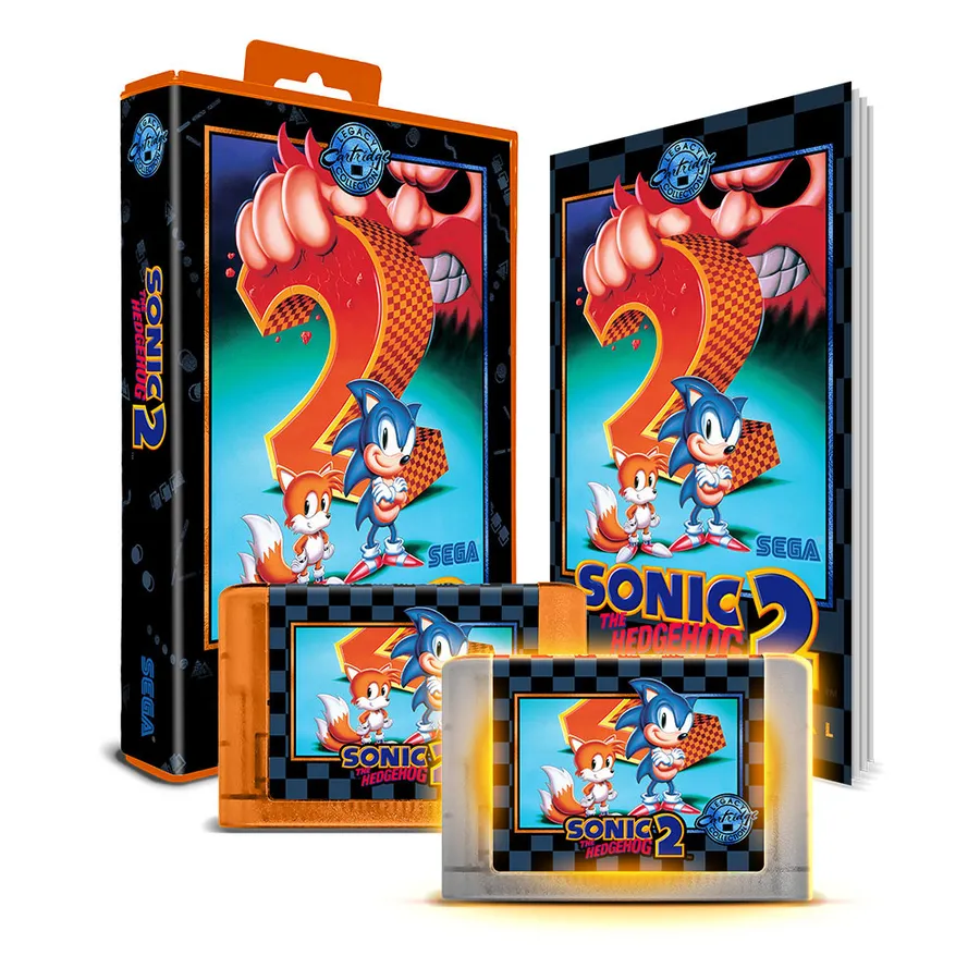 Sonic the Hedgehog 2 35th Anniversary Legacy Cartridge Collection box, amber cartridge, and instruction booklet