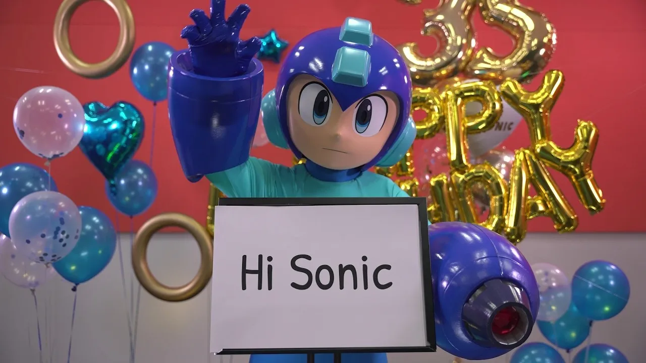Screenshot from the official Sonic the Hedgehog YouTube channel showing a Mega Man crossover birthday message tied to the 35th anniversary campaign.