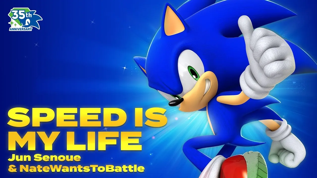 Key art for the official Sonic the Hedgehog 35th anniversary Speed is My Life music video from the Sonic the Hedgehog YouTube channel.
