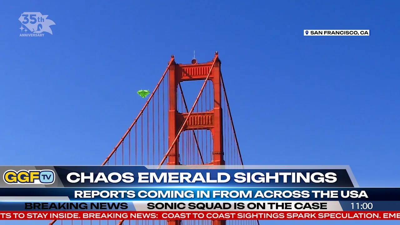 Official Sonic the Hedgehog YouTube video showing civilian Chaos Emerald sightings streaking across the U.S. skies as part of the 35th anniversary Chaos Hunt activation.