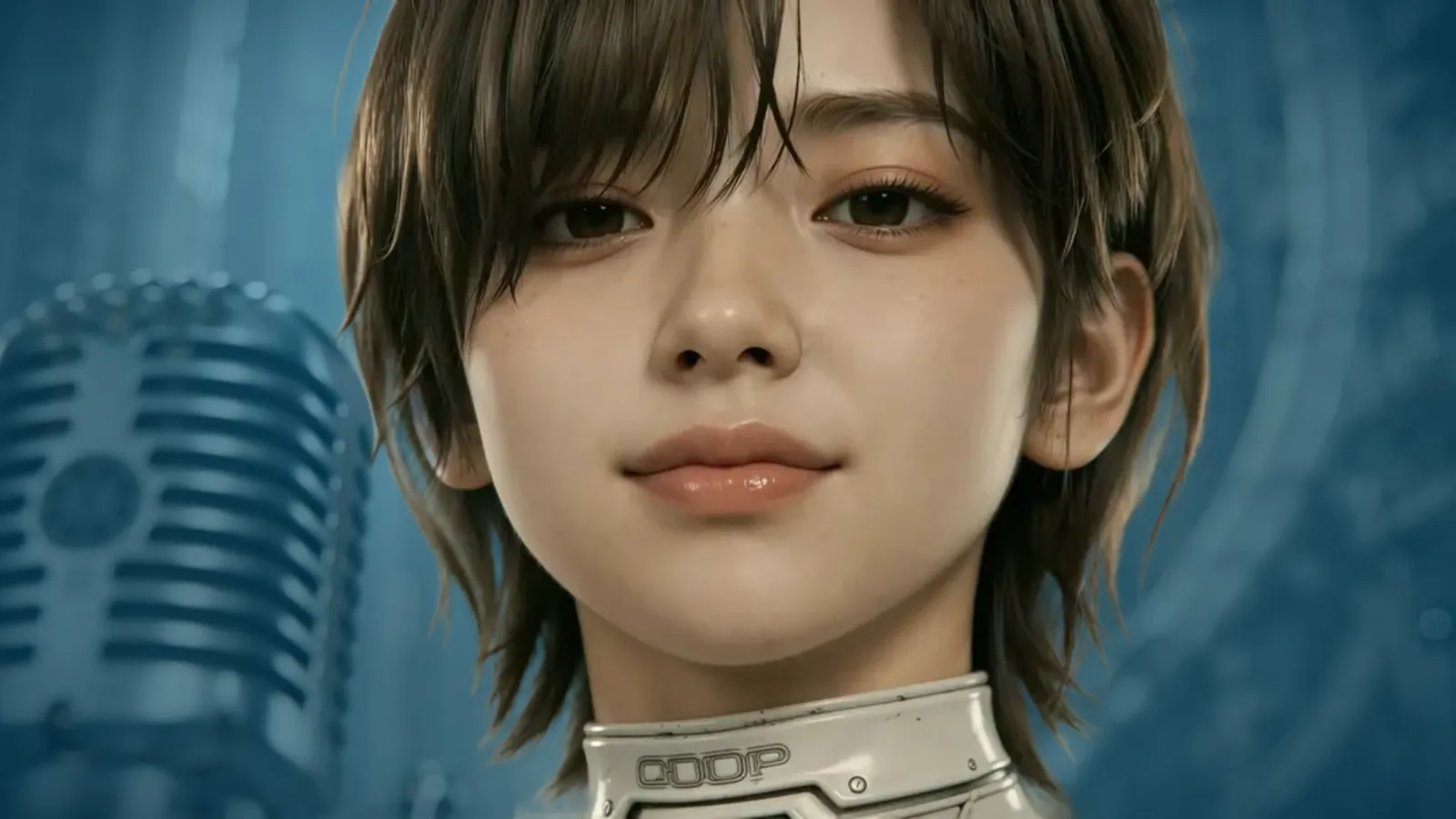 Eurogamer article hero showing Evie, the AI rendered protagonist of Stellar Blade Blood Rain, in front of a microphone on a blue background