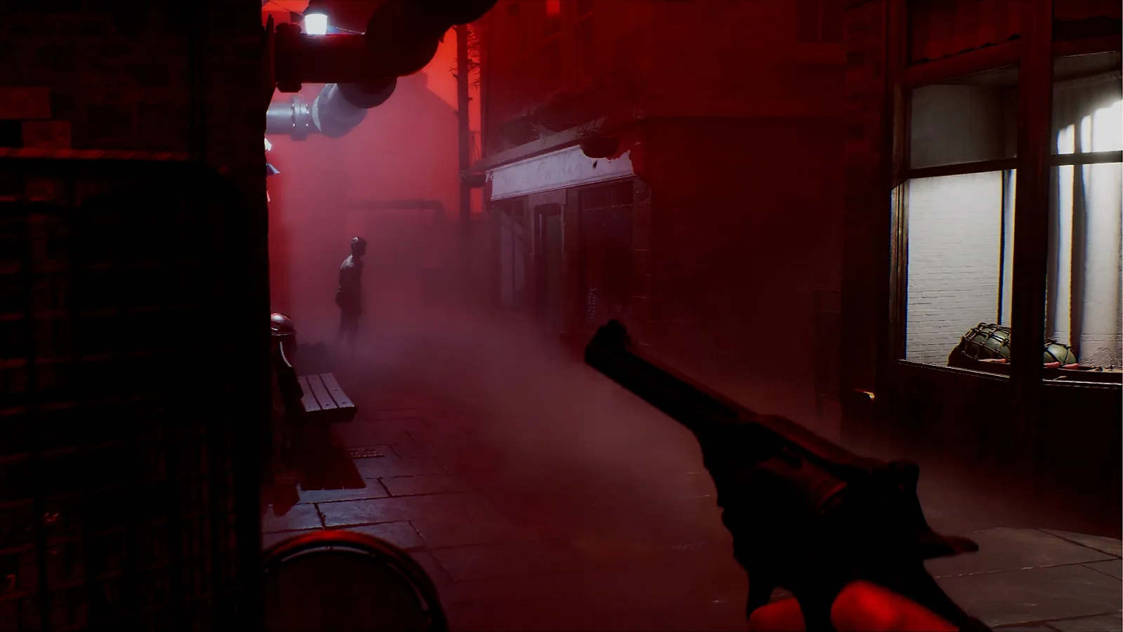 First-person pistol aim at a creature during a Silent Hill Townfall combat encounter