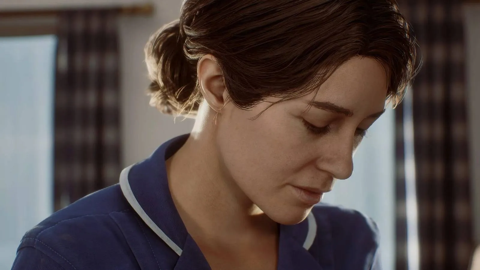 Close-up of nurse Zoe in scrubs in Silent Hill Townfall, lit by cold fluorescent light.