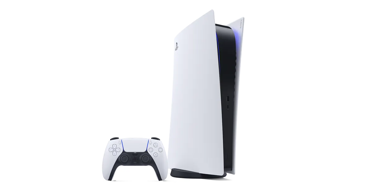 Official PlayStation 5 console with DualSense controller on a black background