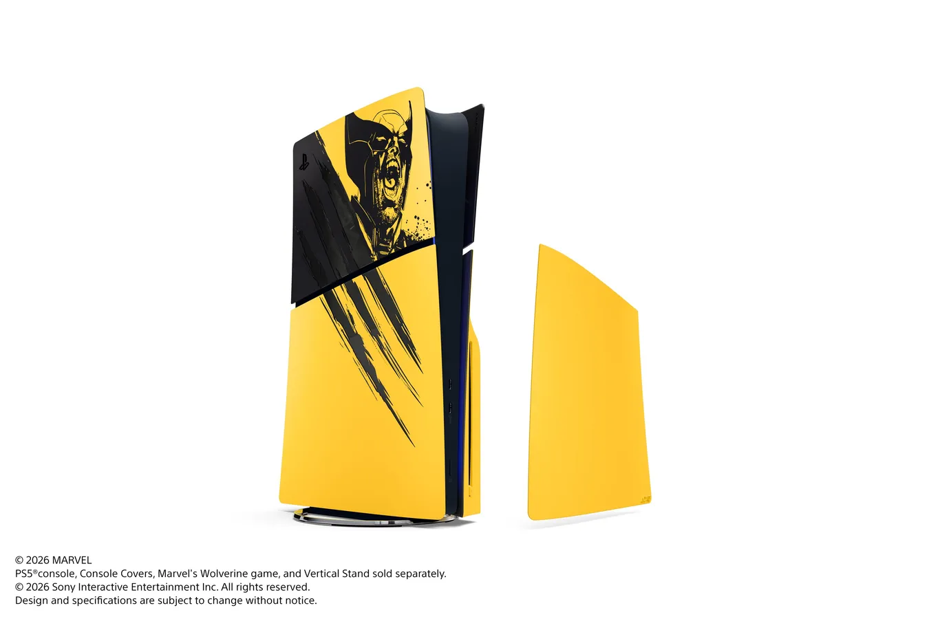 Three limited edition PS5 consoles lined up including yellow Wolverine, standard, and white Adamantium editions with matching DualSense controllers