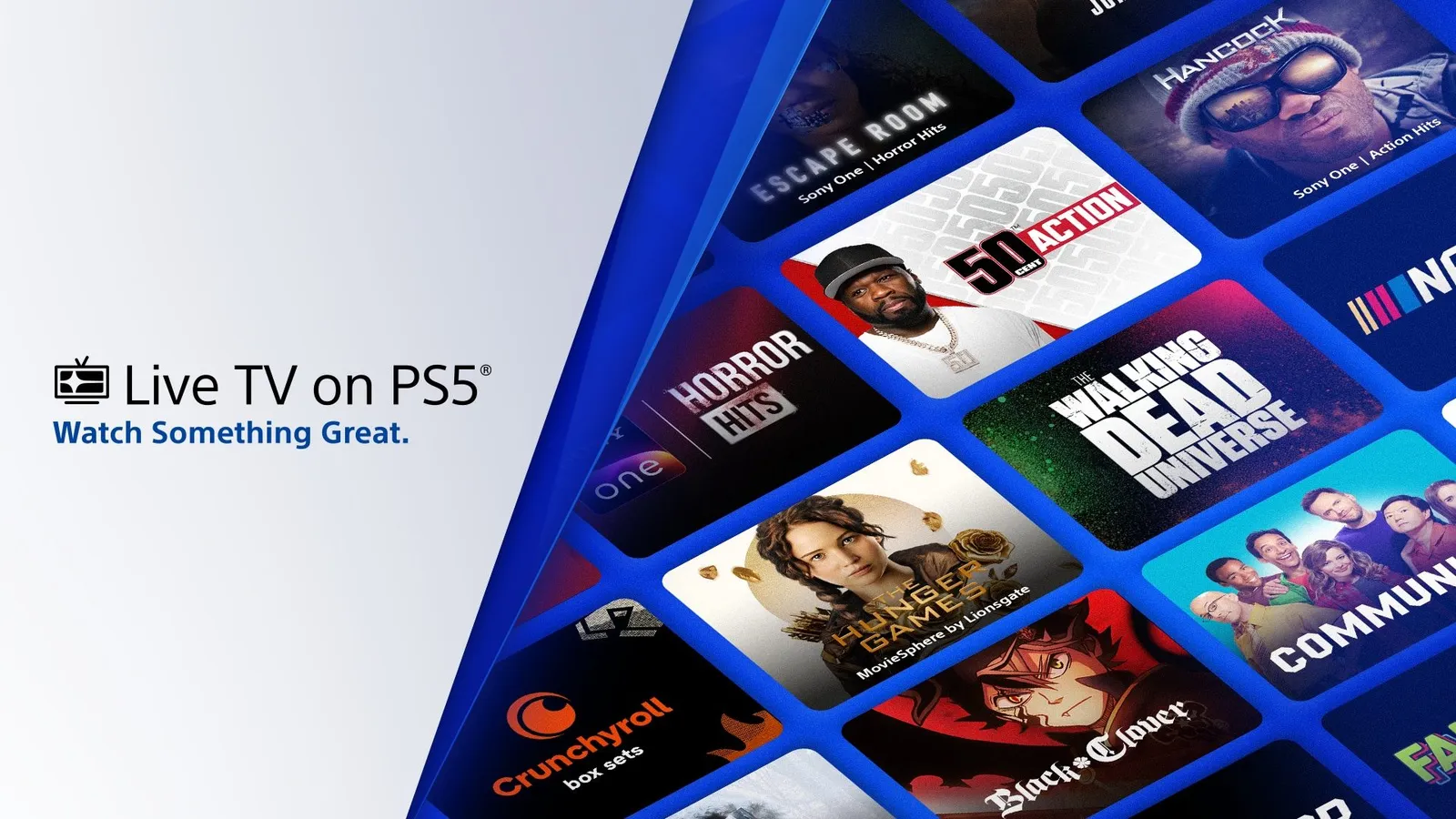 PlayStation Blog promotional tile grid for Live TV on PS5 with Crunchyroll, Hunger Games, Walking Dead Universe and Horror Hits channels