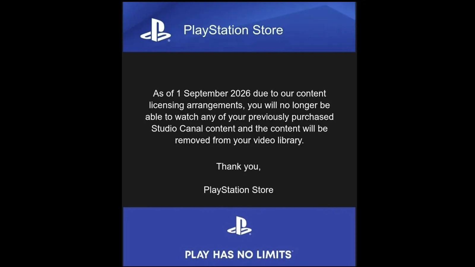 Official PlayStation Store notice announcing the removal of previously purchased Studio Canal content from U.S. video libraries on September 1, 2026