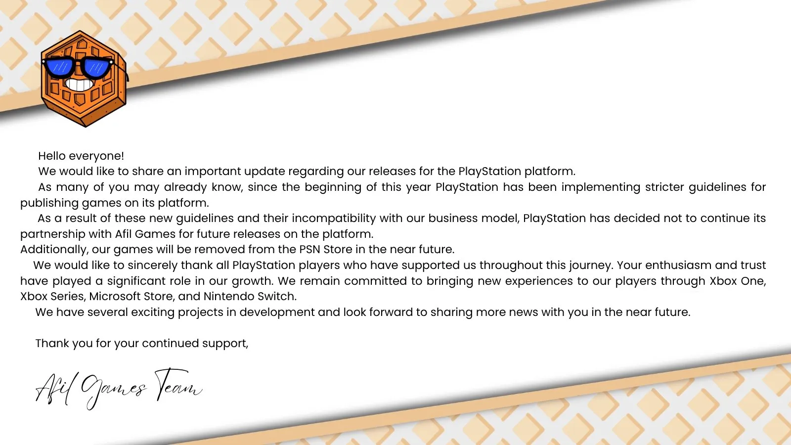 Afil Games statement on PlayStation Store removal posted on X