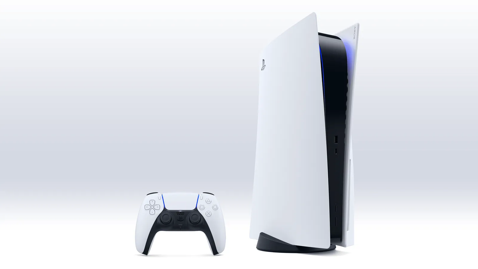 Official PlayStation 5 console with disc drive and DualSense controller, photographed against a white background