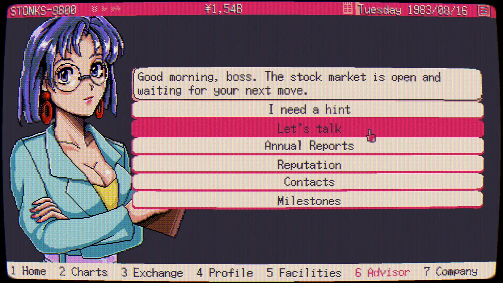 STONKS-9800 Stock Market Simulator gameplay screenshot showing the retro 80s Japanese trading interface