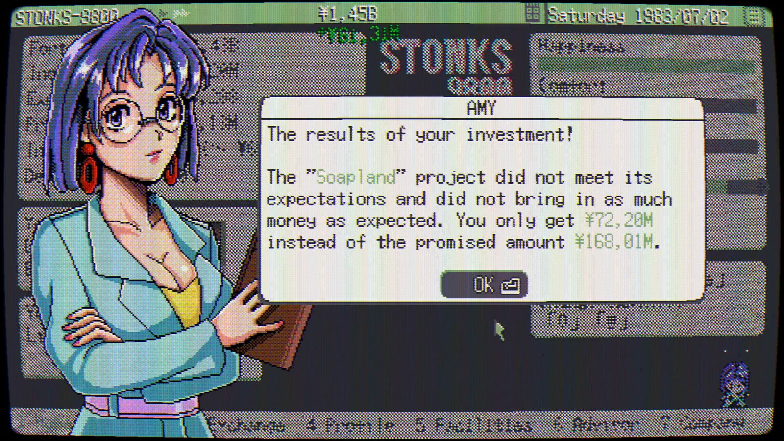 STONKS-9800 in-game stock market chart with candlestick data and portfolio view