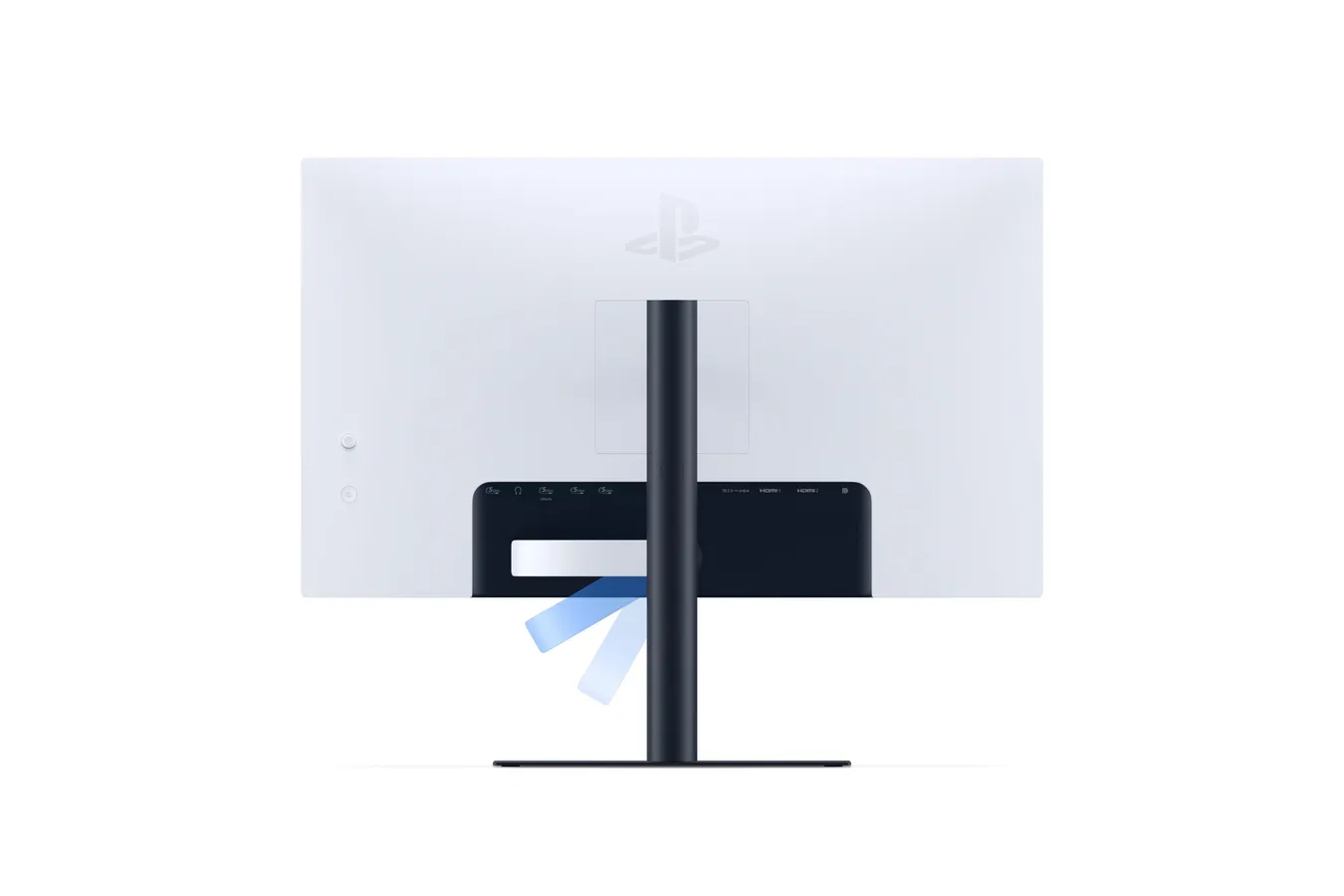 PlayStation 27 inch gaming monitor angled view showing white back panel and DualSense charging hook