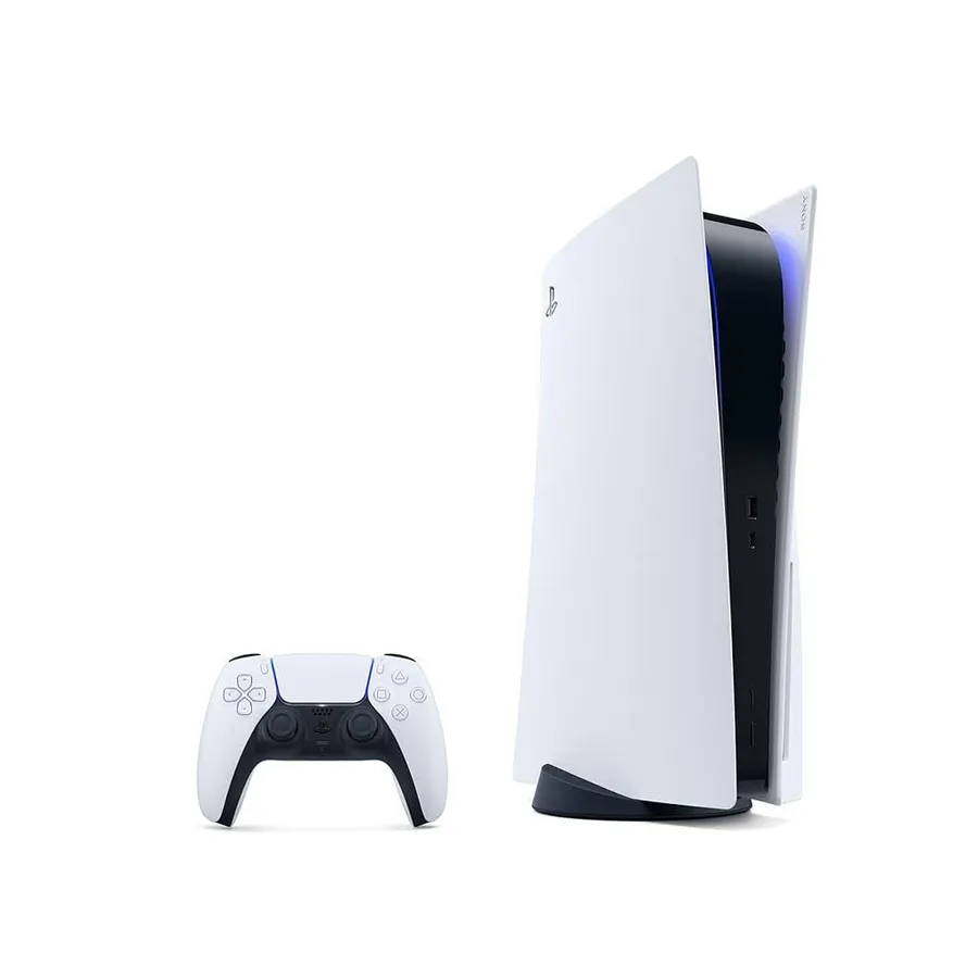 A standalone PS5 console standing vertically with the DualSense controller in front, on a dark background