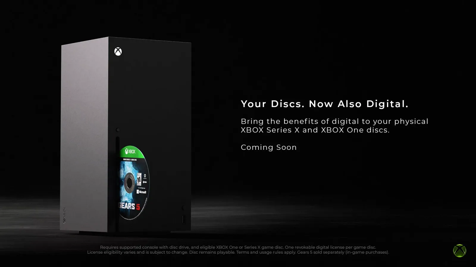 Xbox Series X console with a Gears 5 disc half inserted, promoting the disc-to-digital program for Xbox Insiders