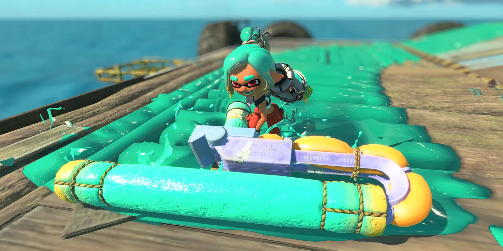 Splatoon Raiders gameplay showing the Mechanic character battling Salmonids on the Spirhalite Islands