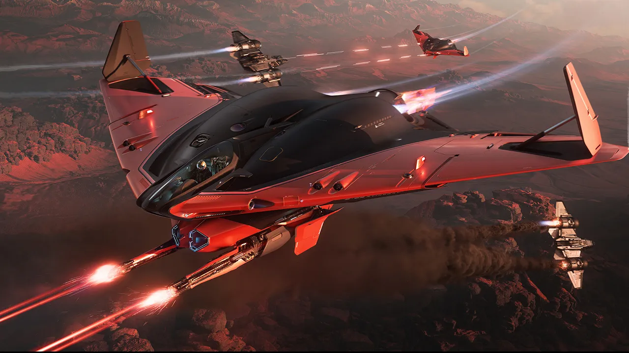 Concept art of a Banu Defender prototype over a planetary ring, taken from the Squadron 42 promotional gallery.