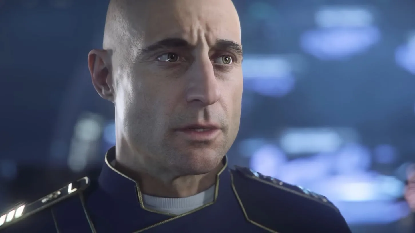 In-engine Squadron 42 cast shot showing two officers on the bridge of a UEE Navy capital ship, image credited to Roberts Space Industries.