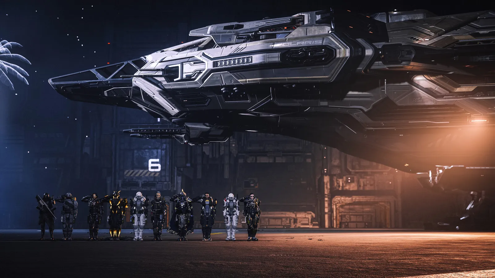 Wide cinematic shot of a UEE Navy Idris-class capital ship in deep space from the official Squadron 42 concept art library.